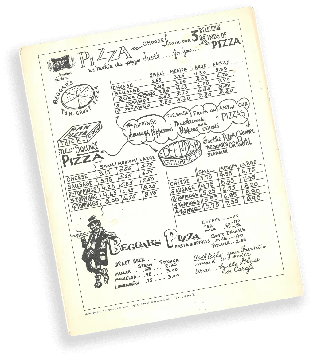 An original menu from our first Beggars Pizza location
